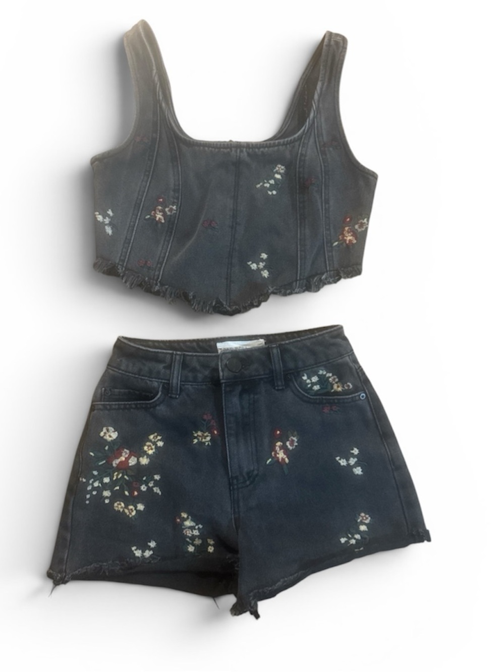 Black Floral Denim Crop Top and High-Waist Shorts Set Banjara Size Small/00/22